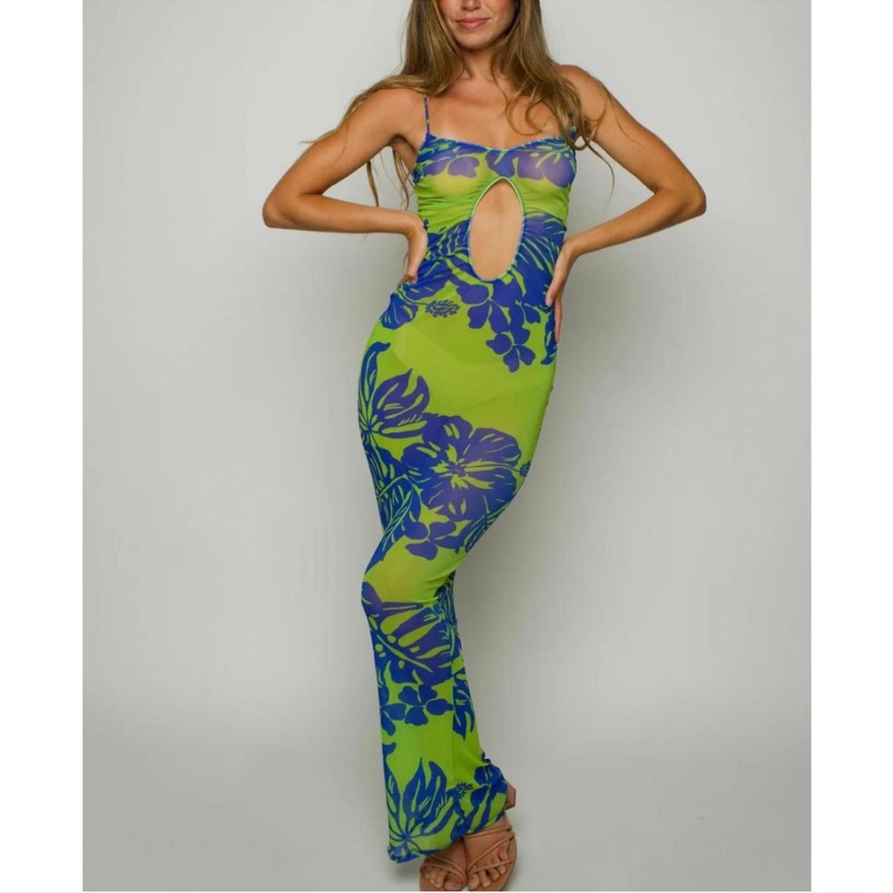 Melissa Simone Mesh Maxi Dress in Green & Blue